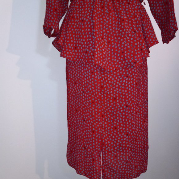 cowl-neck, peplum, floral print crepe, knee-length dress, vintage late 1970s-80s - Picture 8 of 15